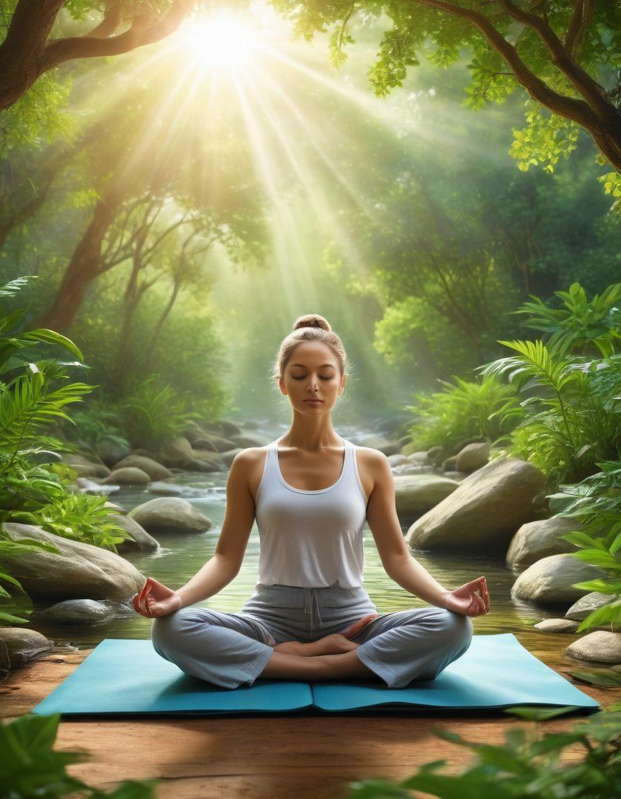 A serene scene depicting a person meditating in a tranquil nature setting, surrounded by lush greenery and gentle streams. Incorporate symbols of holistic wellness, like herbal plants and calming crystals nearby. Show soft sunlight filtering through leaves, creating a peaceful ambiance that reflects balance and healing. Include elements representing both body and mind, such as yoga mats and open books. vibrant colors. super-realistic. serene atmosphere.