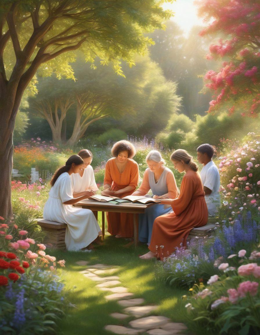 A serene landscape depicting a diverse group of individuals supporting each other, with one person receiving care in a garden filled with blooming flowers, symbolizing hope and resilience. Soft sunlight filters through the trees, illuminating their faces. Include elements like books on wellness, healthy food, and a comforting atmosphere. gentle brush strokes. vibrant colors. super-realistic.