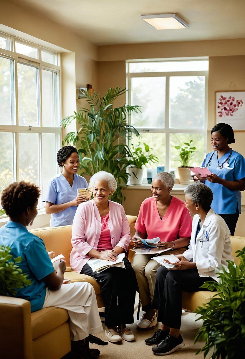A warm and inviting scene depicting a diverse group of patients and caregivers engaging in a supportive community setting, surrounded by various resources like brochures, support group posters, and cheerful plants. The atmosphere should radiate hope and empowerment, with soft lighting creating an uplifting vibe. Include symbolic elements like ribbons of various colors representing cancer awareness. super-realistic. vibrant colors. natural setting.